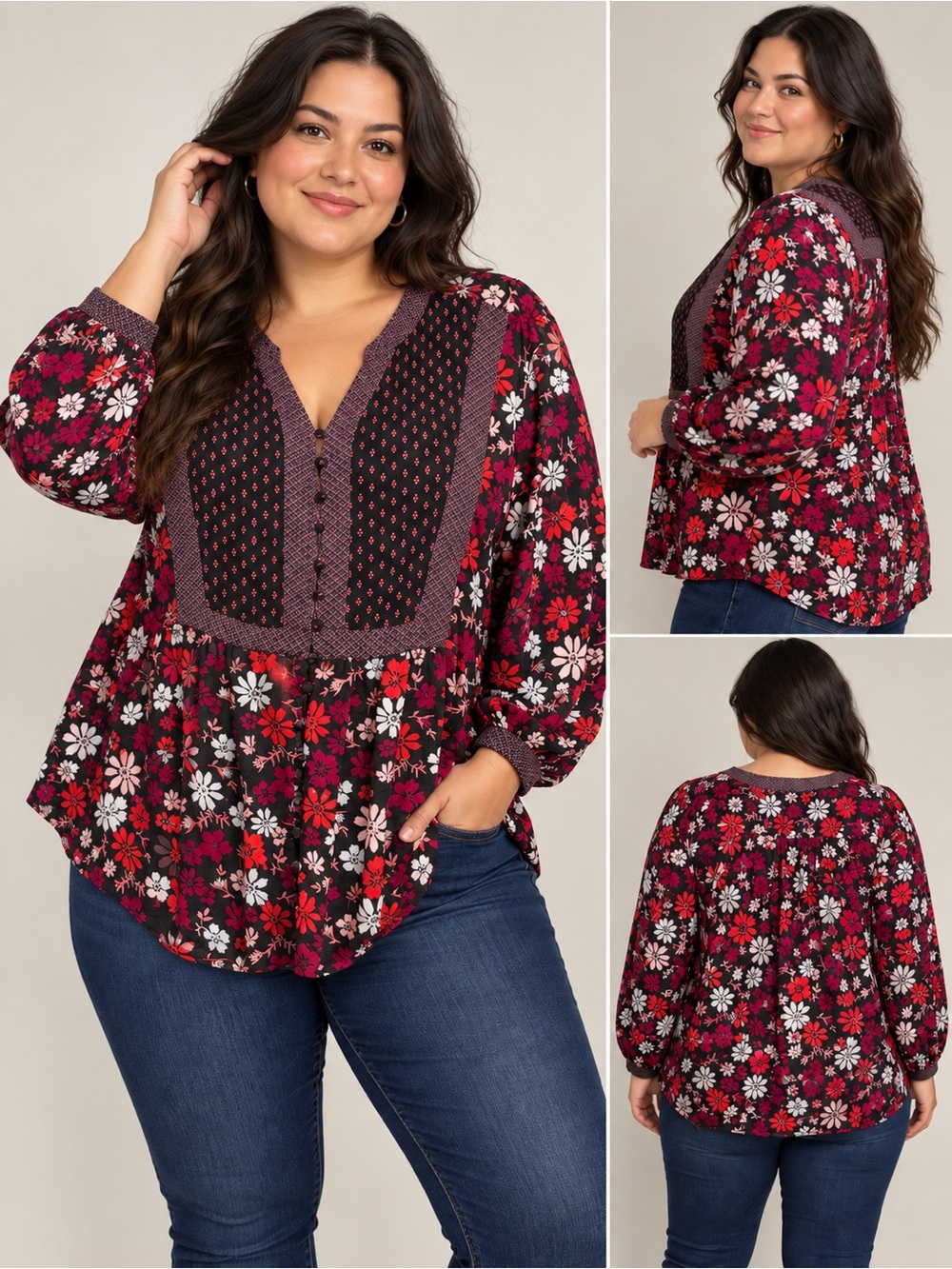 Woman Within Plus  Floral Boho Peasant Tunic Blouse Rayon 1X